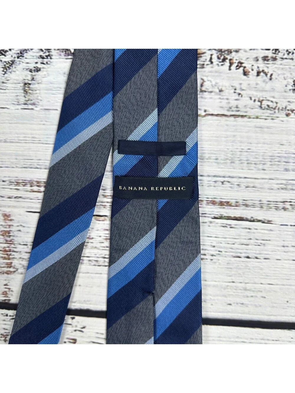 Banana Republic Tie Diagonal Stripe 100% Silk Navy Gray Blue One Size